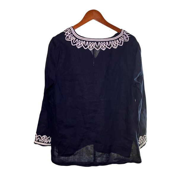 Talbots Linen Tunic Top Navy Blue White Embroidered Long Sleeve Boho Chic Size M - Picture 4 of 7